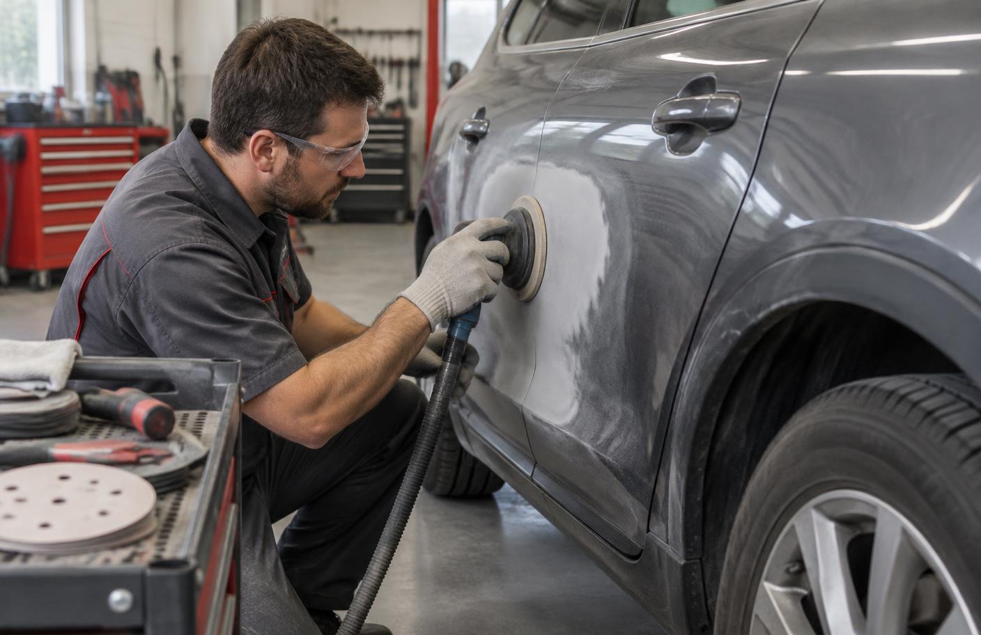Technician carefully repairing exterior vehicle body damage